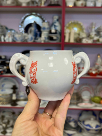 Чашка/сахарница с двумя ручками Коростенкий ФЗ 1962-72гг. Фарфор с деколью. Винтаж, СССР. Картинка 1